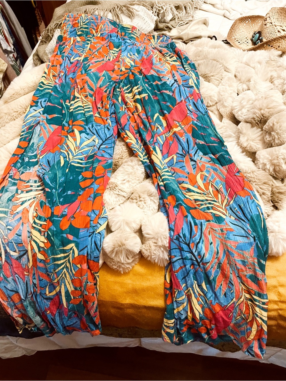 Kona Sol Tropical Wide-Leg Pants in Teal, Orange & Yellow